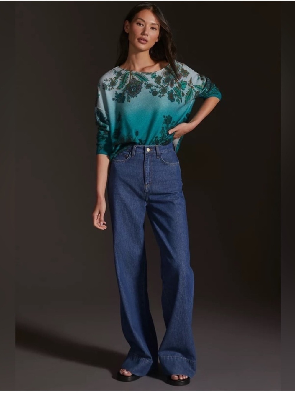 Pilcro Cashmere Teal Gradient Floral Long Sleeve Top - Picture 8 of 13